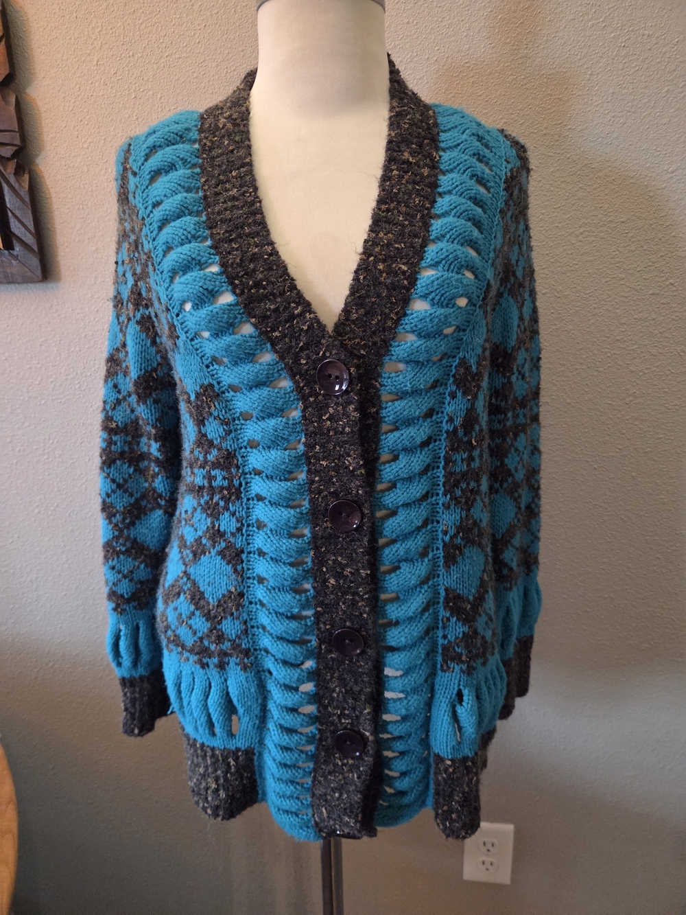 Turquoise and Charcoal Patterned Knit Cardigan Sweater